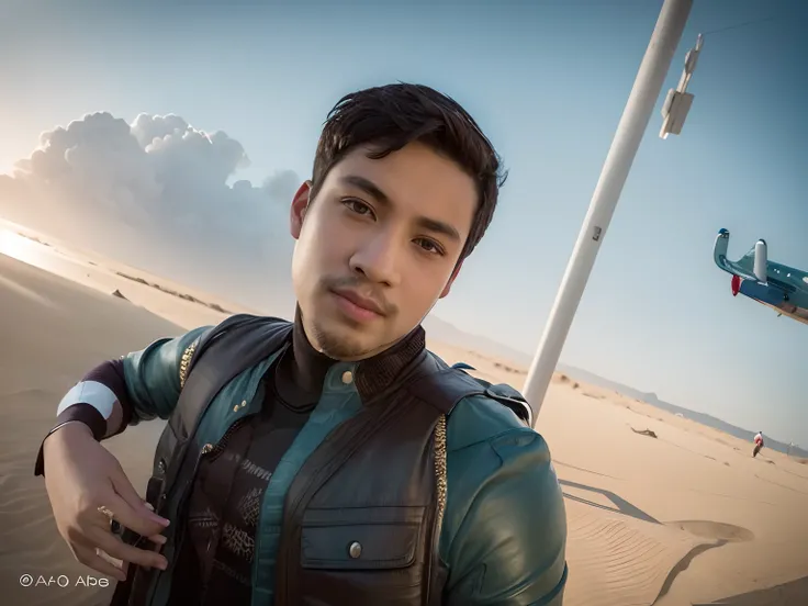 Boy with mythical background and blue eyes sky in background