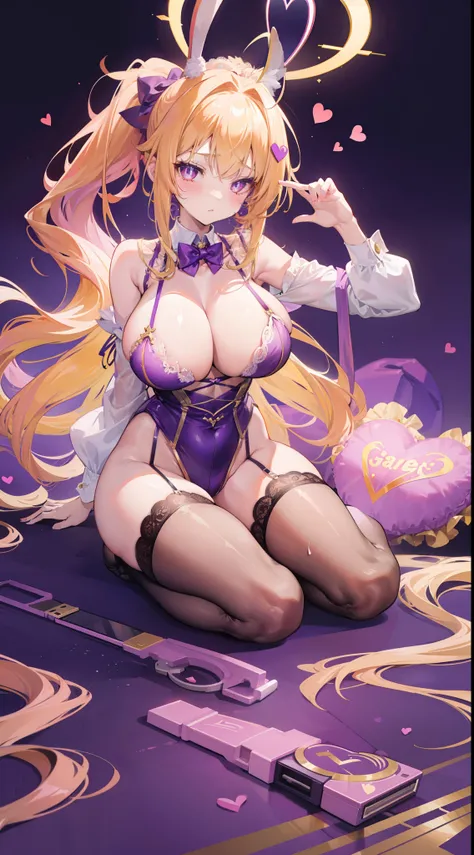 1个Giant Breast Girl，Golden hair，Purple clothes，double-ponytail，long whitr hair，messy  hair，bunnygirl，climaxing，Official art full body photo，Heart-shaped halo，heart - shaped pupils，Slim figure，The chest is large，Lace，Erotic lingerie，Suspenders