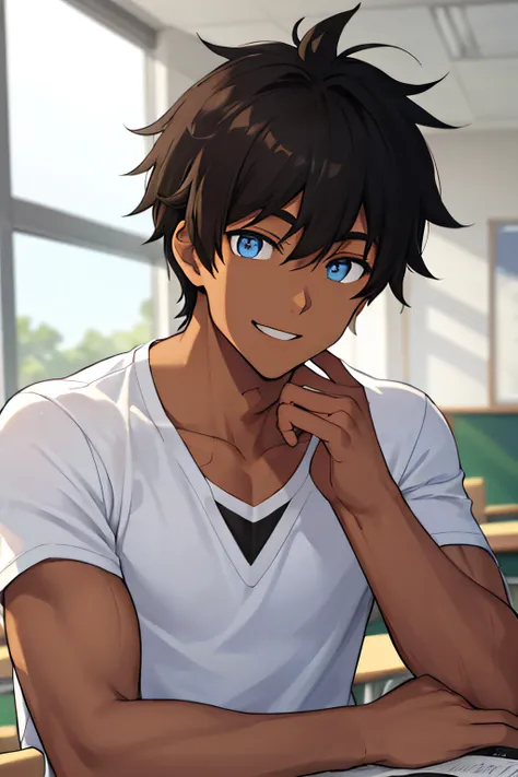 Teenage MAN, boy, (masterpiece, best quality), KujouCSA, break, 1boy, (Teenager), 15 years old, high school student, alone, sports uniform, dark blue and white V-neck t-shirt, sun tanned skin , toned pecs, muscular arms, bull neck, blue eyes, military hair...