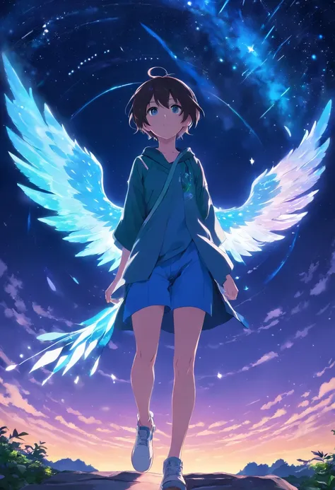 Um jovem homem adulto com cabelos cacheados Azul e branco de olhos verdes vibrantes, com uma roupa preta com desenhos azuis, holding a purple ray in his left hand with a pair of black wings on his back flying across the starry sky