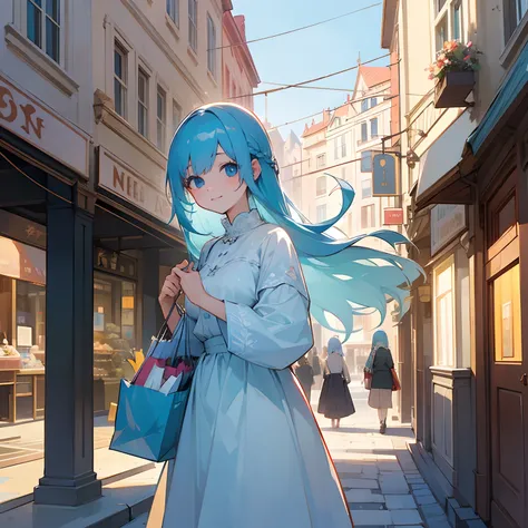 Beautiful illustration、top-quality、girl with、lightblue hair、length hair、A slight smil、Delicat eyes、shopping、Downtown、European-style building