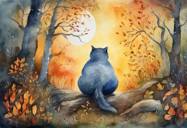 masterpiece, best quality, a fat cat with middle aged man in forest, moon, morning