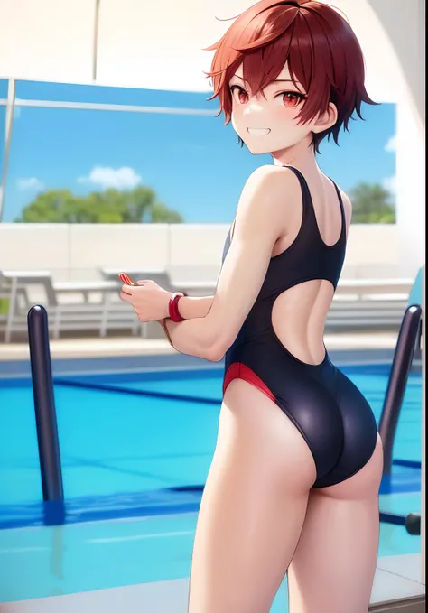 Anime boy in swimsuit standing in pool, onepiece swimsuit, High-cut swimwear, U-back swimsuit, rating:safe, solo, smile, Boy with short red hair, Boy standing by the pool, Competitive swimsuit, grin, looking_at_viewer, Show your ass, , Cool boy in black an...