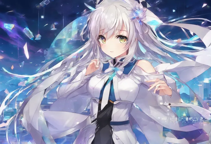 Anime game Chorus of the Prisms - Medium hair, white-blonde hair, light gray eyes, white pupils, white jacket, white cape with light purple lines, long light purple skirt with the inscription "White May Rain Girl - Zero Zero", light purple tie, turquoise c...