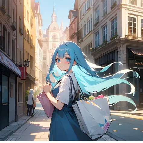 Beautiful illustration、top-quality、girl with、lightblue hair、length hair、A slight smil、Delicat eyes、shopping、Downtown、European-style building