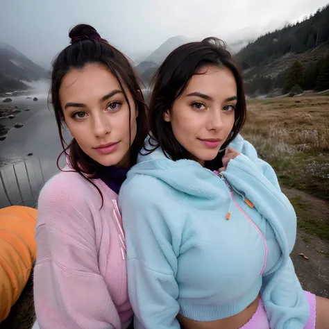 best quality, hyper detailed, beautiful women, twins, bathroom, big bra, colorful outfit, up, wearing pullover,, (cheerful, shy), sleeping bag, gloves, sweater, wood, smoke, fog, clear sky, looking at viewer, skin texture, close up, ultra high res, RAW, in...