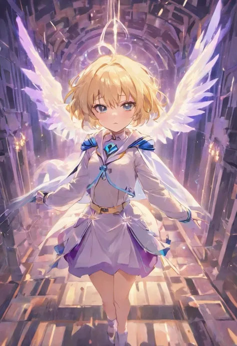 Anime game Chorus of the Prisms - Medium hair, white-blonde hair, light gray eyes, white pupils, white jacket, white cape with light purple lines, long light purple skirt with the inscription "White May Rain Girl - Zero Zero", light purple tie, turquoise c...