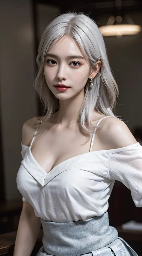 (very huge round breasts:1.5), (white bronze hair:1.4), (anatomically correct:1.3), (wide shot:1.3), (formal shirt, formal skirt:1.3), extremely delicate and beautiful, masterpiece, Best Quality, ultra high resolution, 16k, hyperrealistic, ultra-detailed, ...