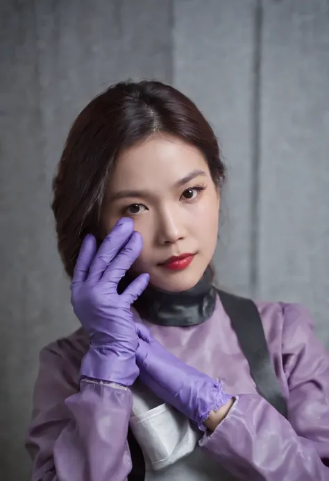 Meilin from Advanced Metal Gear Research Institute. Highly realistic. rubber glove、Purple rubber gloves、Purple cooking gloves、Long gloves、Glossy gloves、Glossy apron、Wear a mask、Rubber Mask、surgical mask