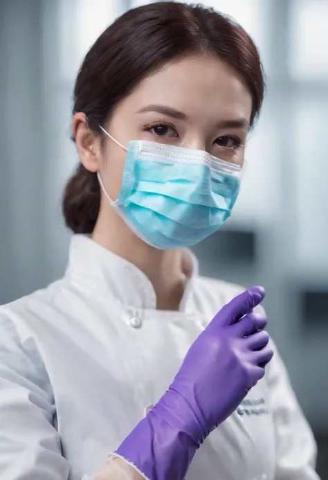 Meilin from Advanced Metal Gear Research Institute. Highly realistic. rubber glove、Purple rubber gloves、Purple cooking gloves、Long gloves、Glossy gloves、Glossy apron、Wear a mask、Rubber Mask、The perfect surgical mask