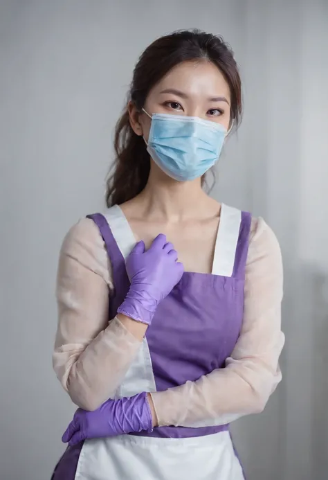 Meilin from Advanced Metal Gear Research Institute. Highly realistic. rubber glove、Purple rubber gloves、Purple cooking gloves、Long gloves、Glossy gloves、Glossy apron、Wear a mask、Rubber Mask、The perfect surgical mask