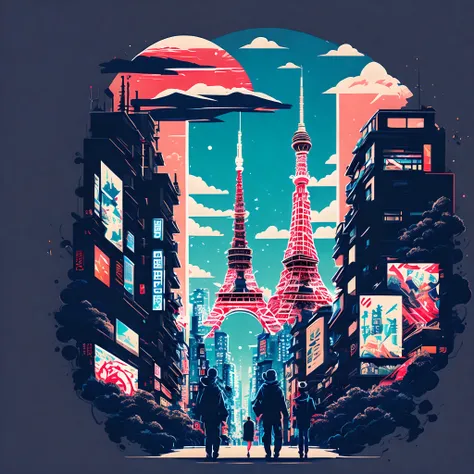 Tokyo city with Tokyo Tower, anime style, tshirt design, vector-art