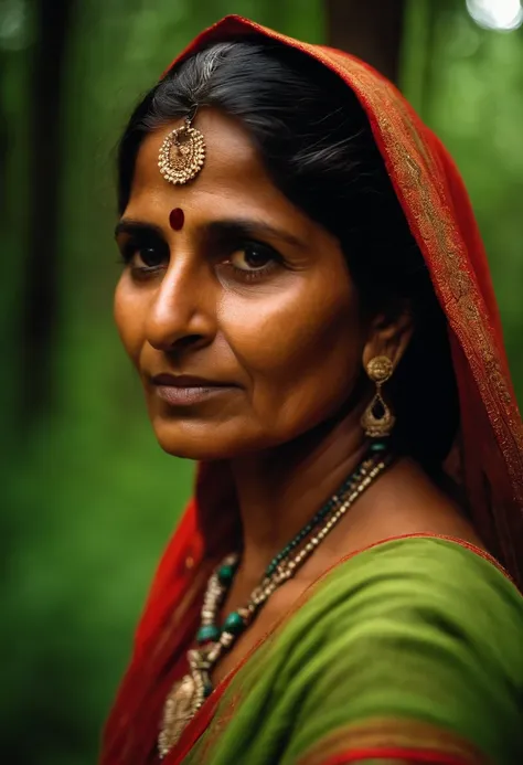 portrait of an indian village woman in forest in Himachal pradesh, clear facial features, Cinematic, 35mm lens, f/1.8, accent lighting, global illumination –uplight