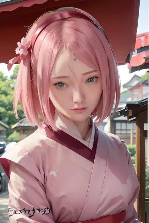 Sakura Uchiha.  a woman was in the yard.  she is seen wearing a pink kimono.  he has short hair.  pink.  which breaks down.  straight.  not tied.  she had skin as white as snow.  with flushed red cheeks.  and tiny red lips.  he appears to be looking at the...