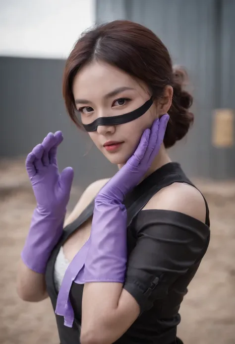 Meilin from Advanced Metal Gear Research Institute. Highly realistic. rubber glove、Purple rubber gloves、Purple cooking gloves、Long gloves、Glossy gloves、Glossy apron、Wear a mask、Rubber Mask、The perfect surgical mask、Gloss mask、Purple Mask