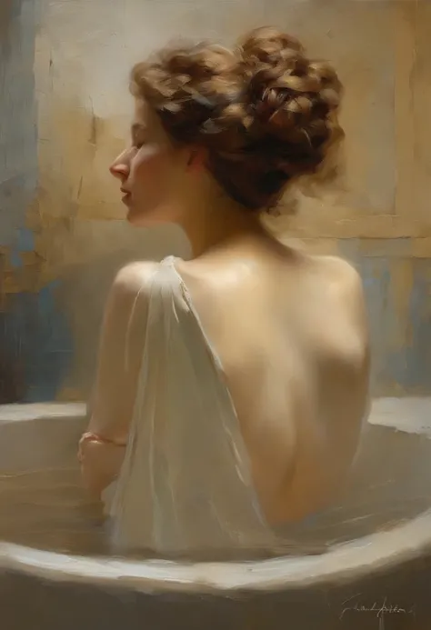 ((golden ratio}} A Highly detailed realistic oil painting of a elegant woman relaxing in wooden bath tub, with her back to viewer, her back is in full view, , {{net curtains blowing with window breeze breeze}} clay interior walls, her eyes closed, perfect ...