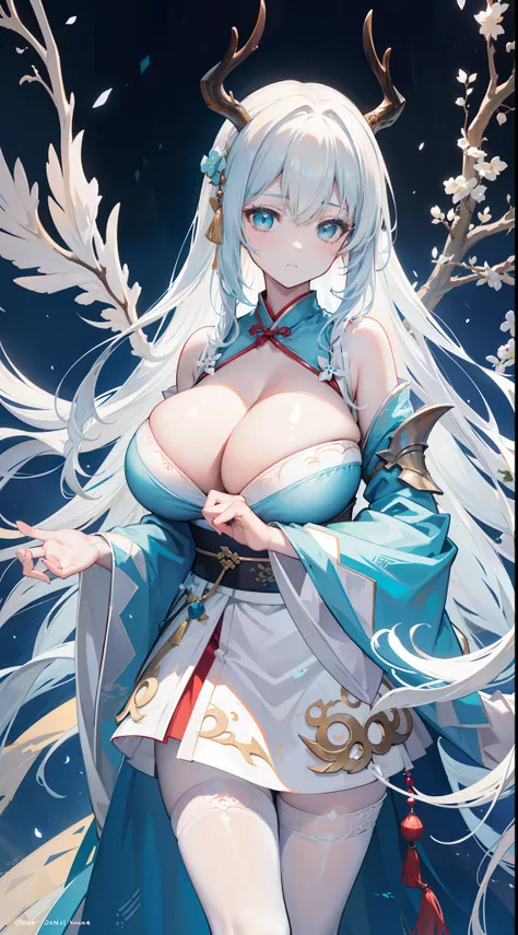 Depressing text，ssmile，Dragons horn，deer antlers，Portrait，Realistic effect，Female pervert，White-haired girl，Messy hair，Ancient wind，cyan colors，cyan colors，Cyan Hanfu(Delicate and mysterious antique patterns)，high-heels，The expression after the climax，winn...