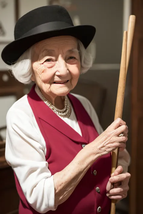 an adorable 90-year-old lady, an elderly woman, holding a snooker cue in her hands."