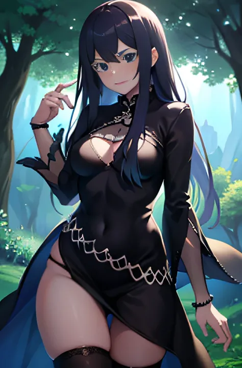 personaje anime con tunica negra y en un bosque oscuro, pose dinamica