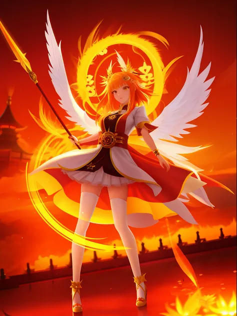 Anime game Arcane Gardens of the Great White Empire - Girl, fairy, golden eyes, fiery golden hair, orange feather wings, fairy wings, feathers, fiery golden dress, white tights, white hairpin, lotus bracelet, fiery lotuses, lake, sunset, Asian temple on th...