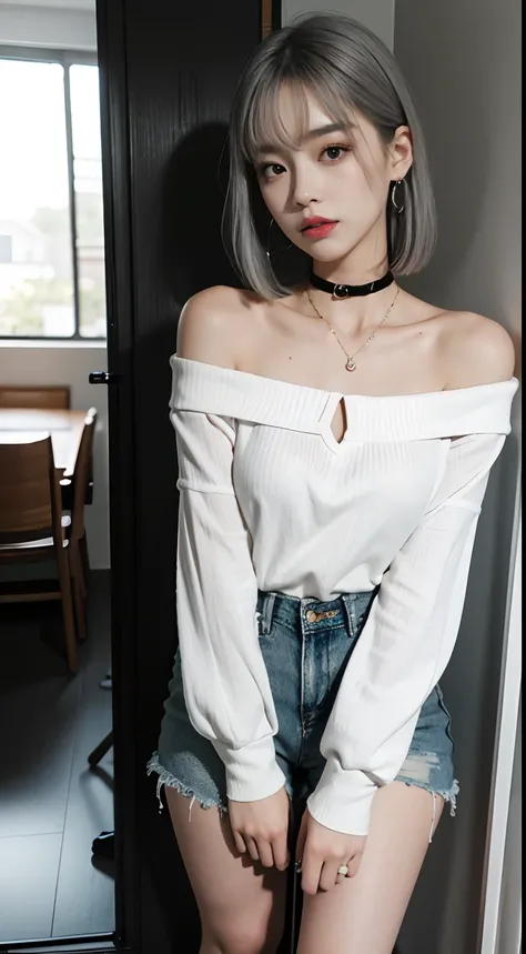 top-quality，超高分辨率，8K，（full body shot shot）（realisticlying：1.4），a pregirl，Off-the-shoulder pink shirt，White skinny miniskirt，Long legs，Black booties，a black choker，（Faded gray-gray hair：1），（：5.0），looking at viewert，closeup cleavage，