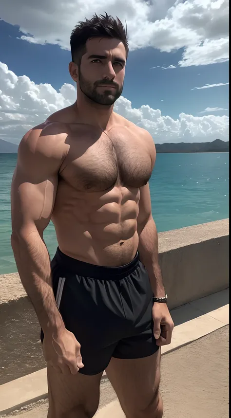 A muscular 30-year-old man in a shor and no t-shirt staring at the camera lens, en el cielo se ven nubes negras y quiere llover, el fondo en muy realista