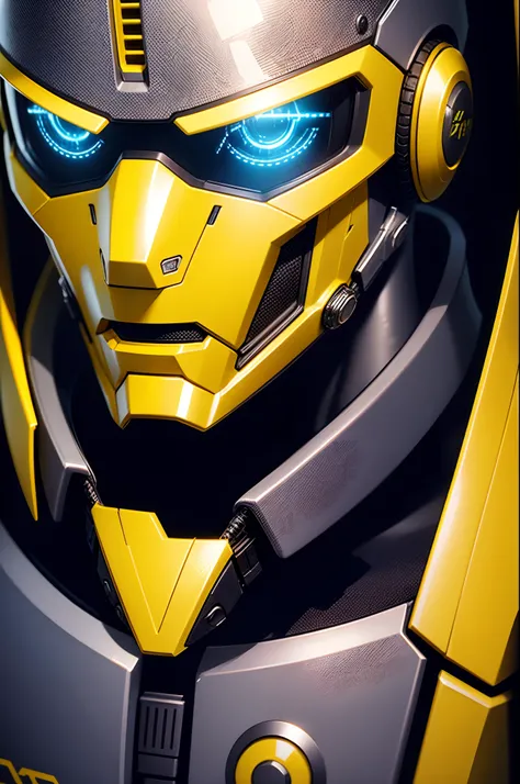 Realistic Yellow combat android in an advanced cybernetic suit with cyberpunk technological helmet and visor