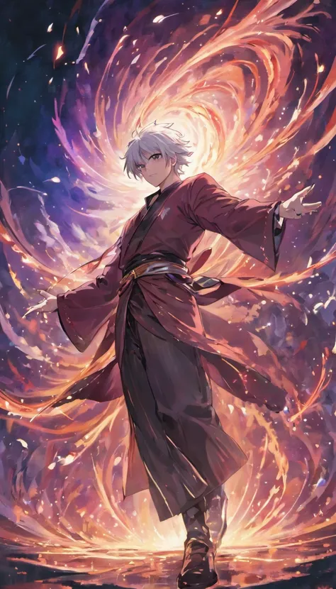 a painting that represents the essence of magic in your world, showing the white-haired, red-eyed protagonist with a mystical black mark on his neck immersed in a cascade of magical energy, with glowing particles dancing around him and arcane symbols formi...