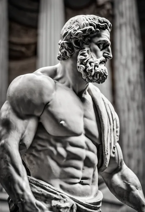 Greek muscle philosopher man statue, ultra detalhado, Breaking statues, Gym pose, preto e branco, cinematic movie photograph, foco nítido, filmagem de cinema, cena de cinema, altamente detalhado, epics, dramatic lighting, Zoom do lado esquerdo, closeup bac...