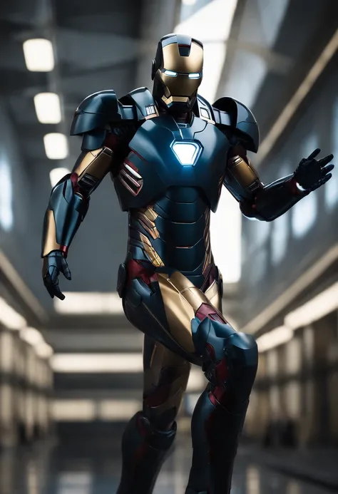 a highly realistic image of Iron Man: "Generate an ultra-super realistic image of Iron Man wearing his newly black blue polished, gleaming suit of armor. Hes engaged in a high-tech task, with a 3D hologram display projecting intricate schematics and data a...