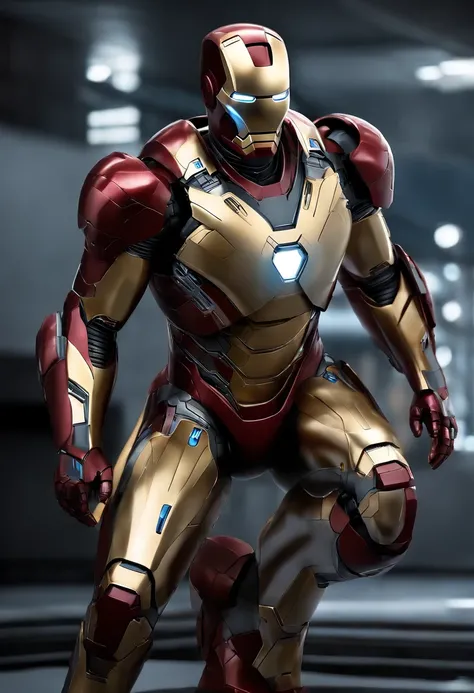 a highly realistic image of Iron Man: "Generate an ultra-super realistic image of Iron Man wearing his newly black blue polished, gleaming suit of armor. Hes engaged in a high-tech task, with a 3D hologram display projecting intricate schematics and data a...