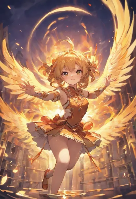 Anime game Arcane Gardens of the Great White Empire - Girl, fairy, golden eyes, fiery golden hair, orange feather wings, fairy wings, feathers, fiery golden dress, white tights, white hairpin, lotus bracelet, fiery lotuses, lake, sunset, Asian temple on th...