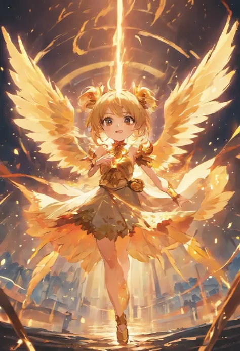 Anime game Arcane Gardens of the Great White Empire - Girl, fairy, golden eyes, fiery golden hair, orange feather wings, fairy wings, feathers, fiery golden dress, white tights, white hairpin, lotus bracelet, fiery lotuses, lake, sunset, Asian temple on th...