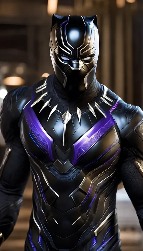 "Produce a flawless, hyper-realistic image of Black Panther in his signature body armor suit. The suit should feature a unique blue-purple armor design reminiscent of Iron Mans high-tech style. Ensure that the image captures the intricate details of the su...