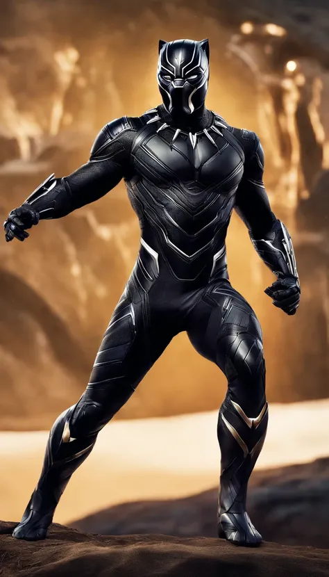 "Produce a flawless, hyper-realistic image of Black Panther in his signature body armor suit. The suit should feature a unique blue-purple armor design reminiscent of Iron Mans high-tech style. Ensure that the image captures the intricate details of the su...