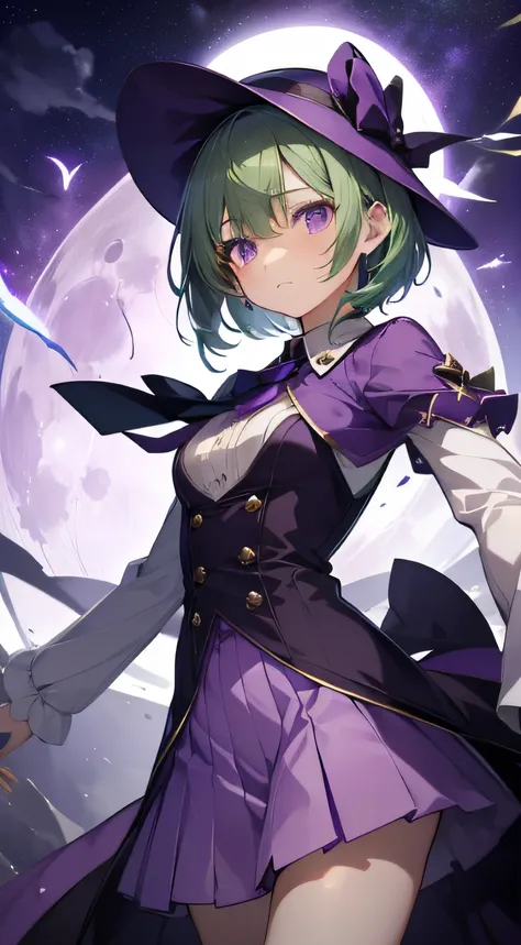 top-quality、extremely delicate and beautiful、(A teenage girl)、Purple Eye、Green hair、short-haired、(Purple pointy hat)、Purple tie、Soio、shortsleeves、Purple skirt、Purple Wizard Robe、Navel、is standing、Full moon night on background