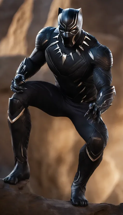 "Produce a flawless, hyper-realistic image of Black Panther in his signature body armor suit. The suit should feature a unique blue-purple armor design reminiscent of Iron Mans high-tech style. Ensure that the image captures the intricate details of the su...