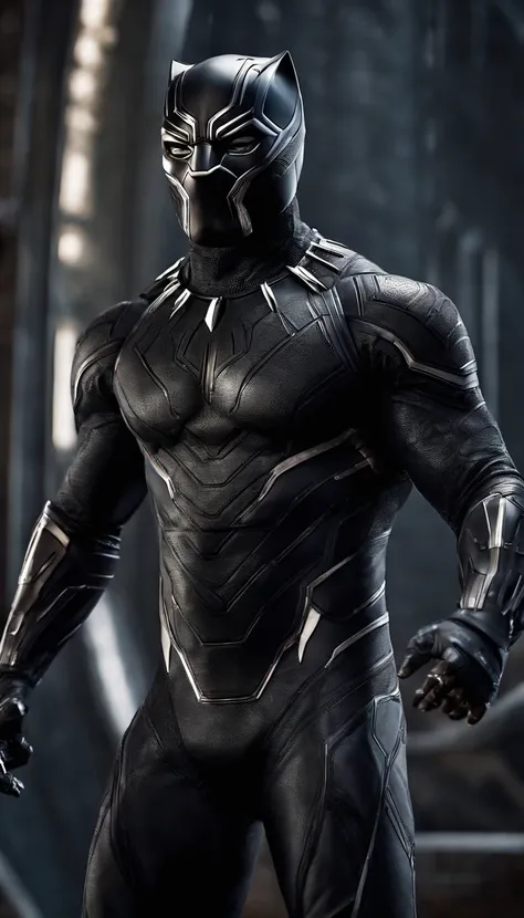 "Produce a flawless, hyper-realistic image of Black Panther in his signature body armor suit. The suit should feature a unique blue-purple armor design reminiscent of Iron Mans high-tech style. Ensure that the image captures the intricate details of the su...