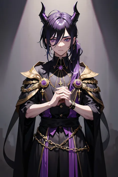 1boy, magician, mysterious, long black and purple hair, side ponytail, wearing gold jewelry, purple eyes, wearing a broken mask on half his face, black cloak, demon horns, veil covering half the face, absurdres, high res, ultrasharp, 8K, masterpiece, looki...