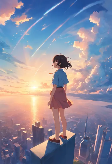 ​masterpiece、top-quality、Movie stills、1girl、Cloud Girl、floating in sky、Angle from above　Girl is looking up at the sky、发光、happiness、Warm soft lighting、the setting sun、(Spark:0.7) Poster style　Make a strong impact