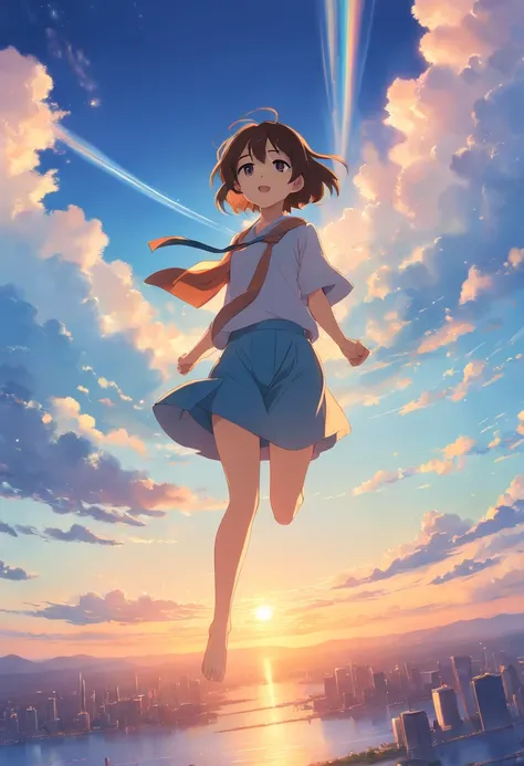 ​masterpiece、top-quality、Movie stills、1girl、Cloud Girl、floating in sky、Angle from above　Girl is looking up at the sky、发光、happiness、Warm soft lighting、the setting sun、(Spark:0.7) Poster style　Make a strong impact