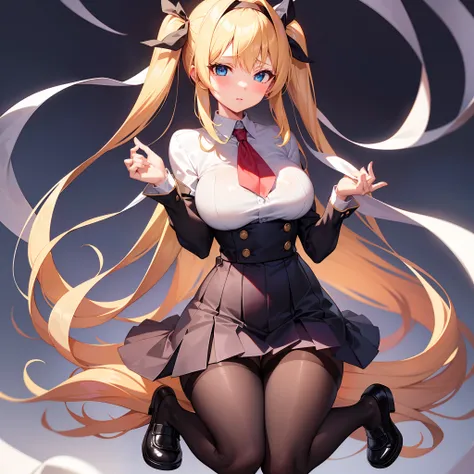 1girl, solo, solo focus, A hentai character, Nanako Von Meinsfelt, by Fan no hitori, uploaded to Nhentai.net, blonde hair twintail, ojou-sama, black school uniform, red cravat with a white cross on it, black pantyhose,  brown mary jane shoes, a pleated ski...