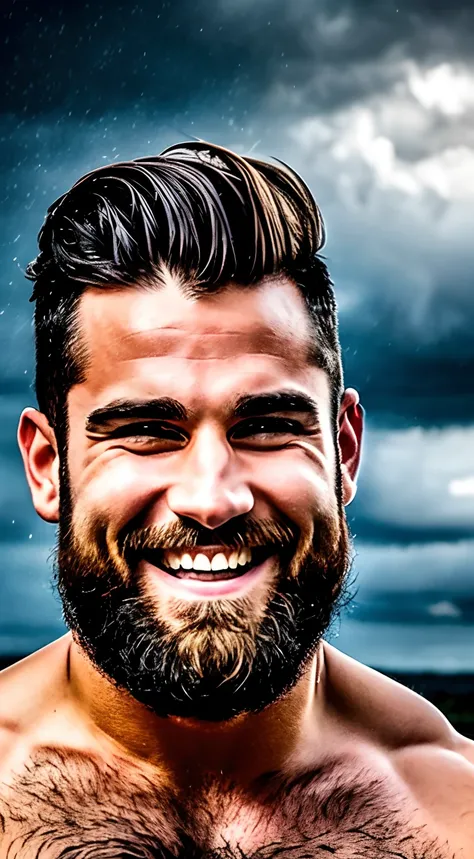 A muscular 30-year-old man with a beard smiling in a storm