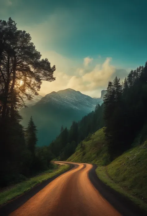 uma moto na estrada com visual de montanhas realista