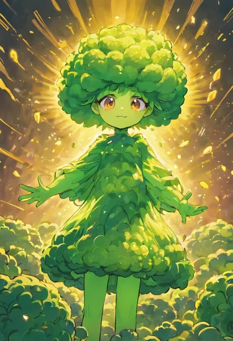 Drawing of a broccoli stylized as a superhero for children illustration for childrens book, fofo, lindo, kawaii, Estilo Anpanman.