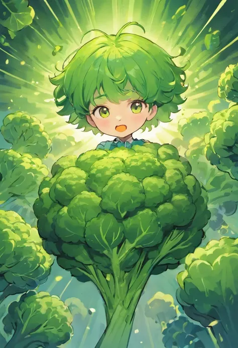 Drawing of a broccoli stylized as a superhero for children illustration for childrens book, fofo, lindo, kawaii, Estilo Anpanman.