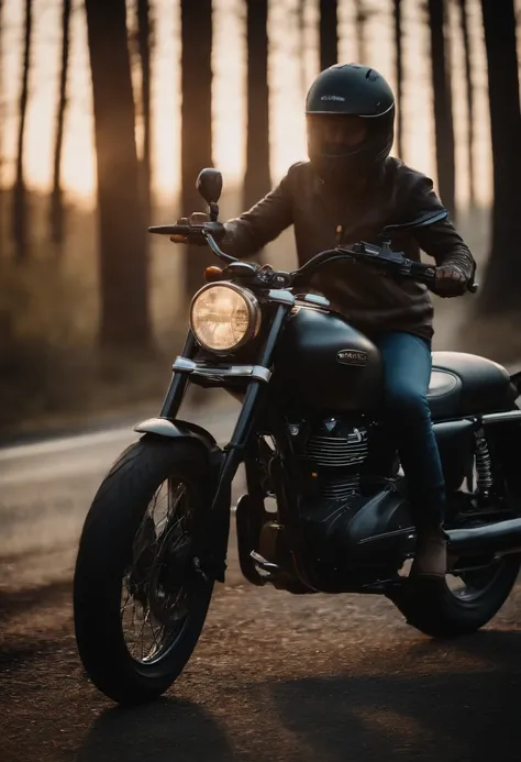 uma moto na estrada com visual de montanhas realista