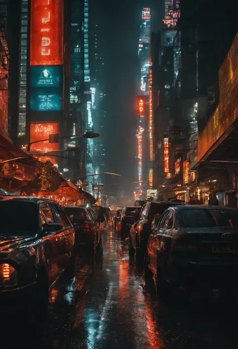 Neon-lit bustling cityscape at night, Bask in the glow of a cyberpunk aesthetic，Surrounded by towering skyscrapers. The city streets are full of colorful streams of lights, Reflected on the rain-soaked sidewalk，Creates a surreal and captivating atmosphere....