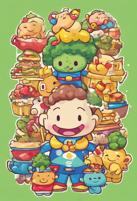 a broccoli style drawing, kawaii, fofo, 可爱, super hero, Japanese childrens drawing anpanman.