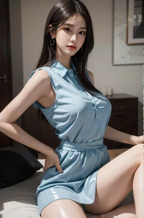 (very huge round breasts:1.4), (perfect anatomy, whole body), (sleeveless collared shirt dress:1.2), RAW photo, extremely delicate and beautiful, masterpiece, Best Quality, ultra high resolution, 16k, hyperrealistic, ultra-detailed, Very detailed CG 8k wal...